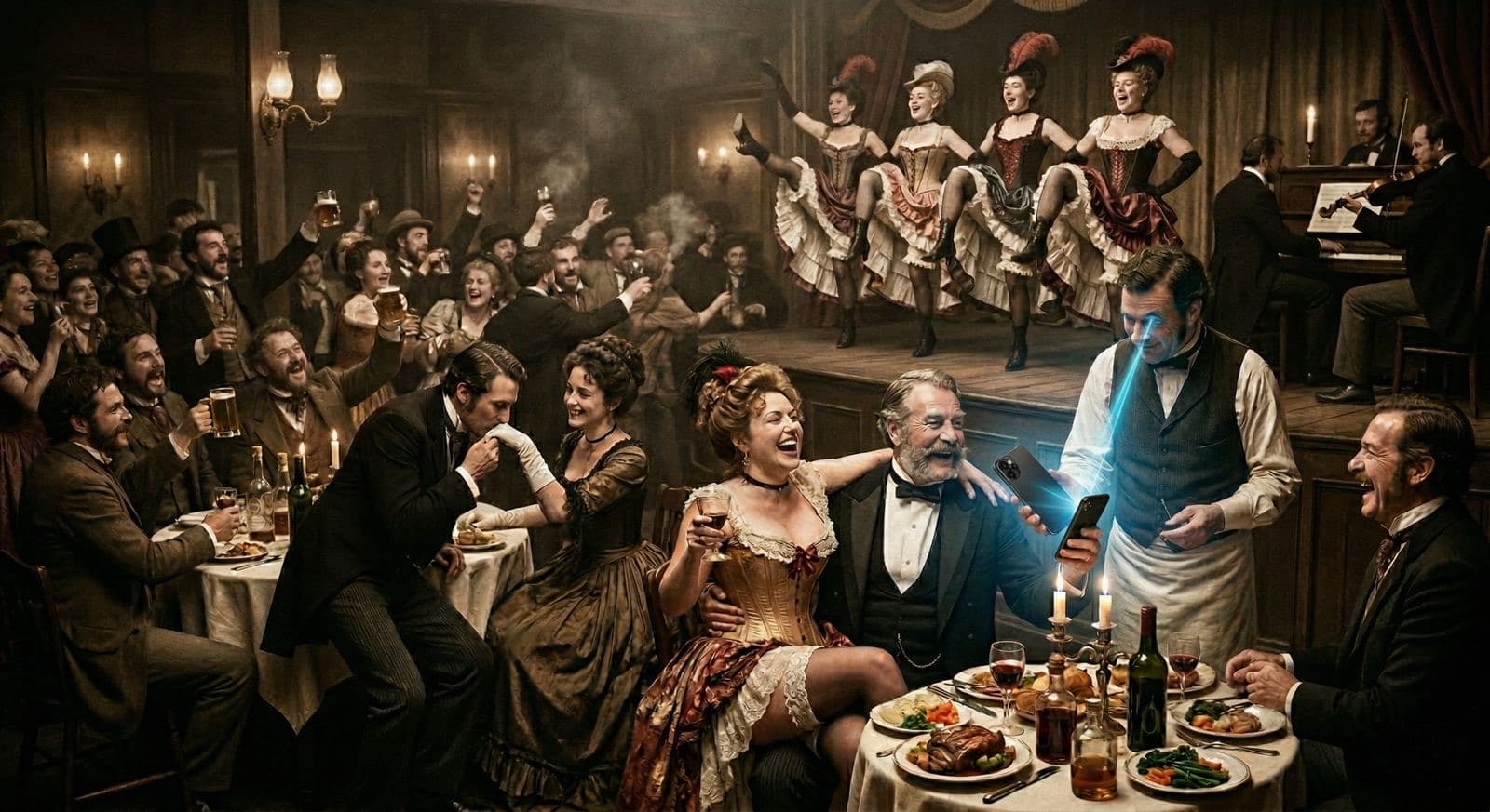 Un camarero de época victoriana enseñando un móvil con la pantalla encendida a una pareja que se ríe en la mesa de un saloon