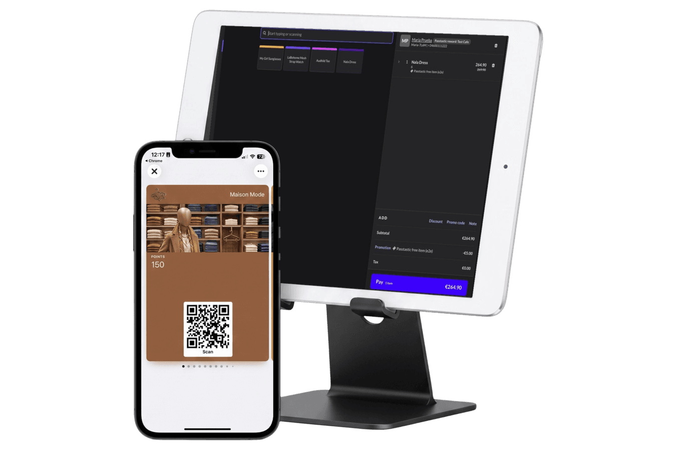 La pantalla Sell de Lightspeed con un cliente en la venta y la línea de recompensa aplicada, junto a la tarjeta del wallet del cliente