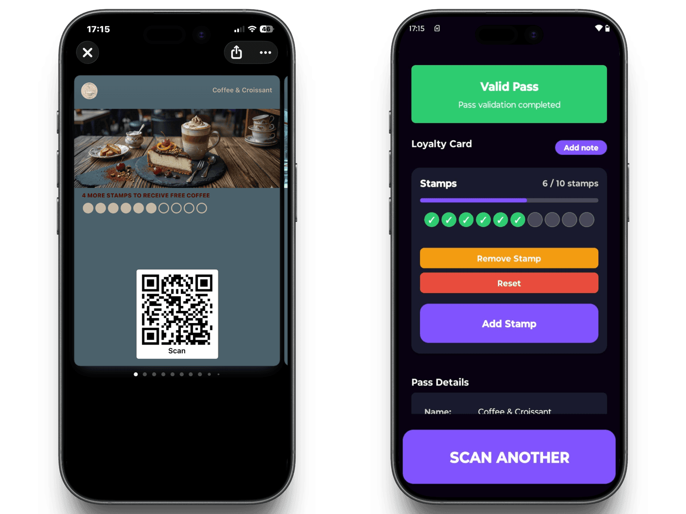 A customer's wallet loyalty card next to the staff scanner app confirming a valid pass and the updated stamp count