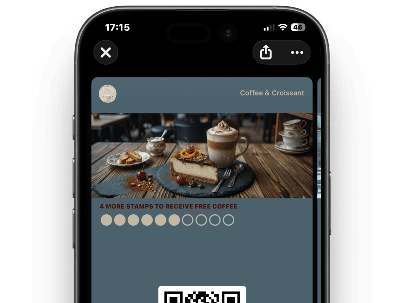A digital coffee shop loyalty card in a phone wallet showing six of ten stamps collected toward a free coffee