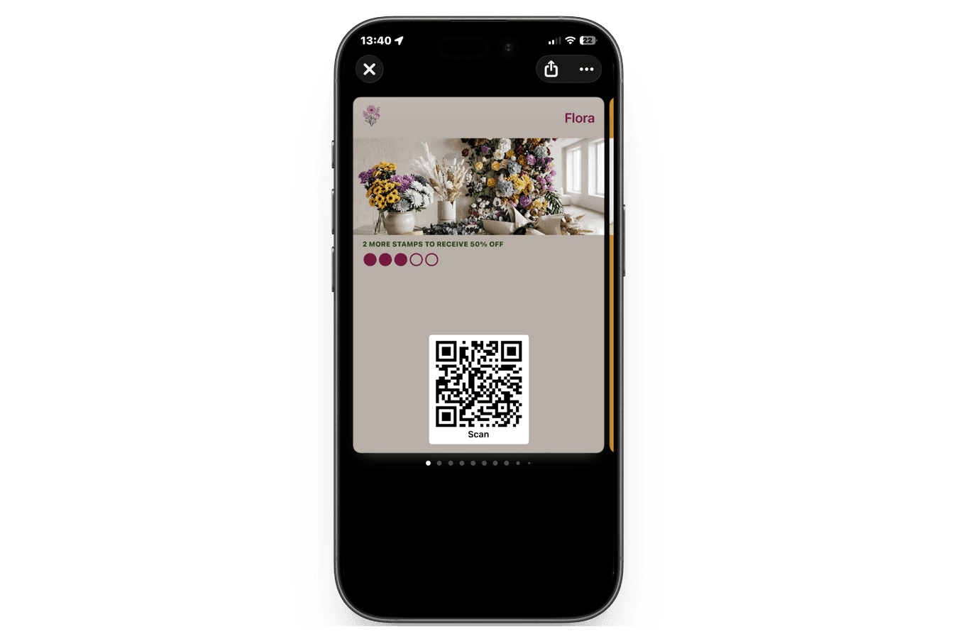 La tessera a timbri digitale di un fioraio in Apple Wallet con 3 timbri su 5 verso il 50% di sconto