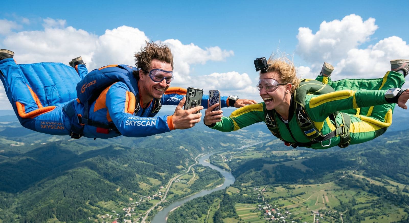 Dois paraquedistas comparando cartões fidelidade nos celulares em pleno ar — um programa de fidelidade que funciona em qualquer lugar, sem app