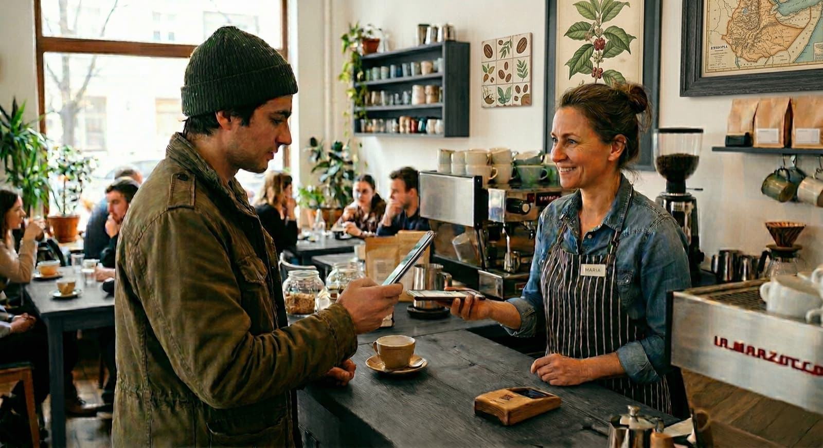Um barista escaneia o celular de um cliente fiel no balcão do café para adicionar o pacote de cafés pré-pago