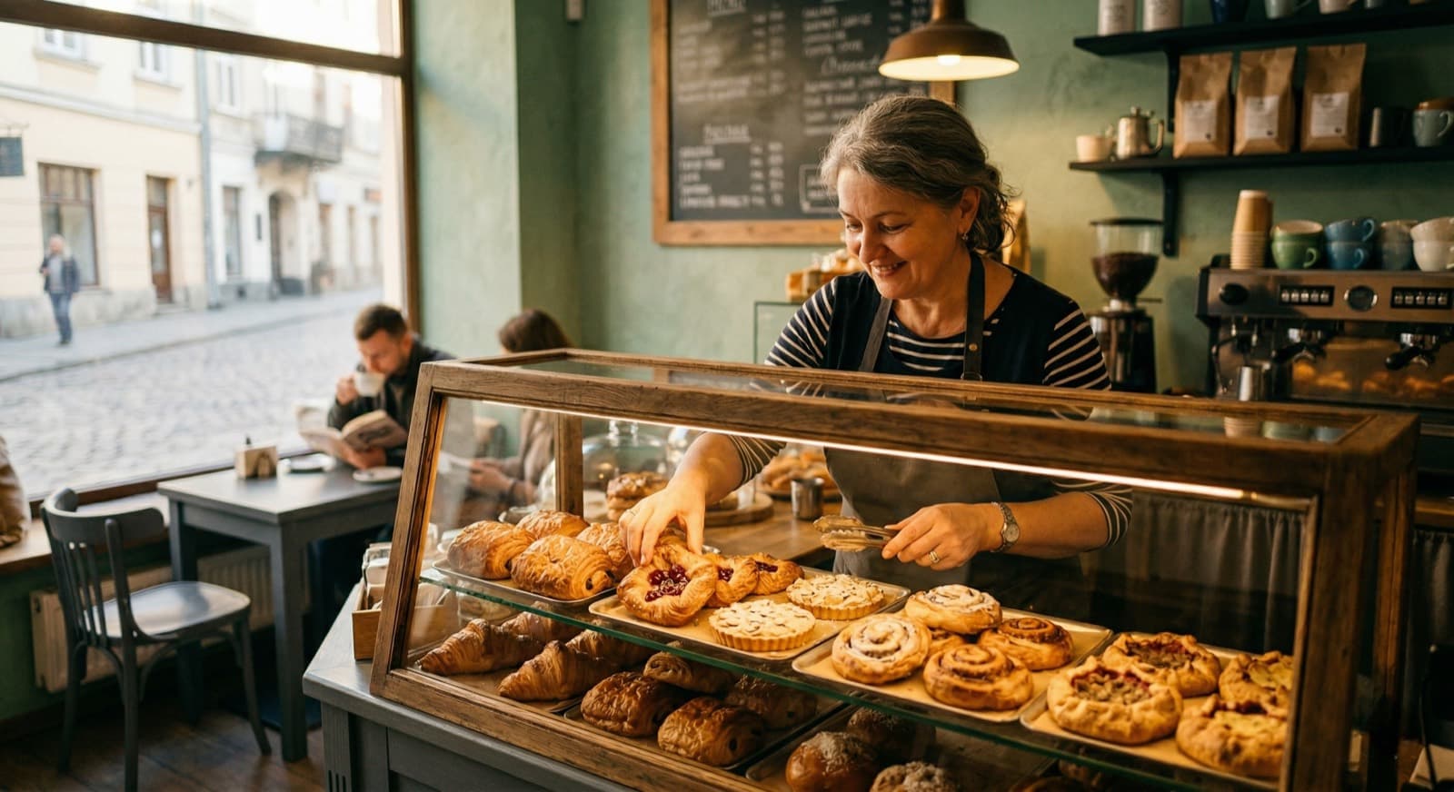 Um dono de café organiza salgados fresquinhos na vitrine sob a luz da manhã