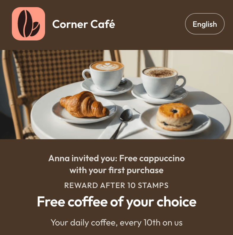 La página de alta del amigo en Corner Café con la línea «Anna invited you: Free cappuccino with your first purchase» encima de la recompensa principal de la tarjeta