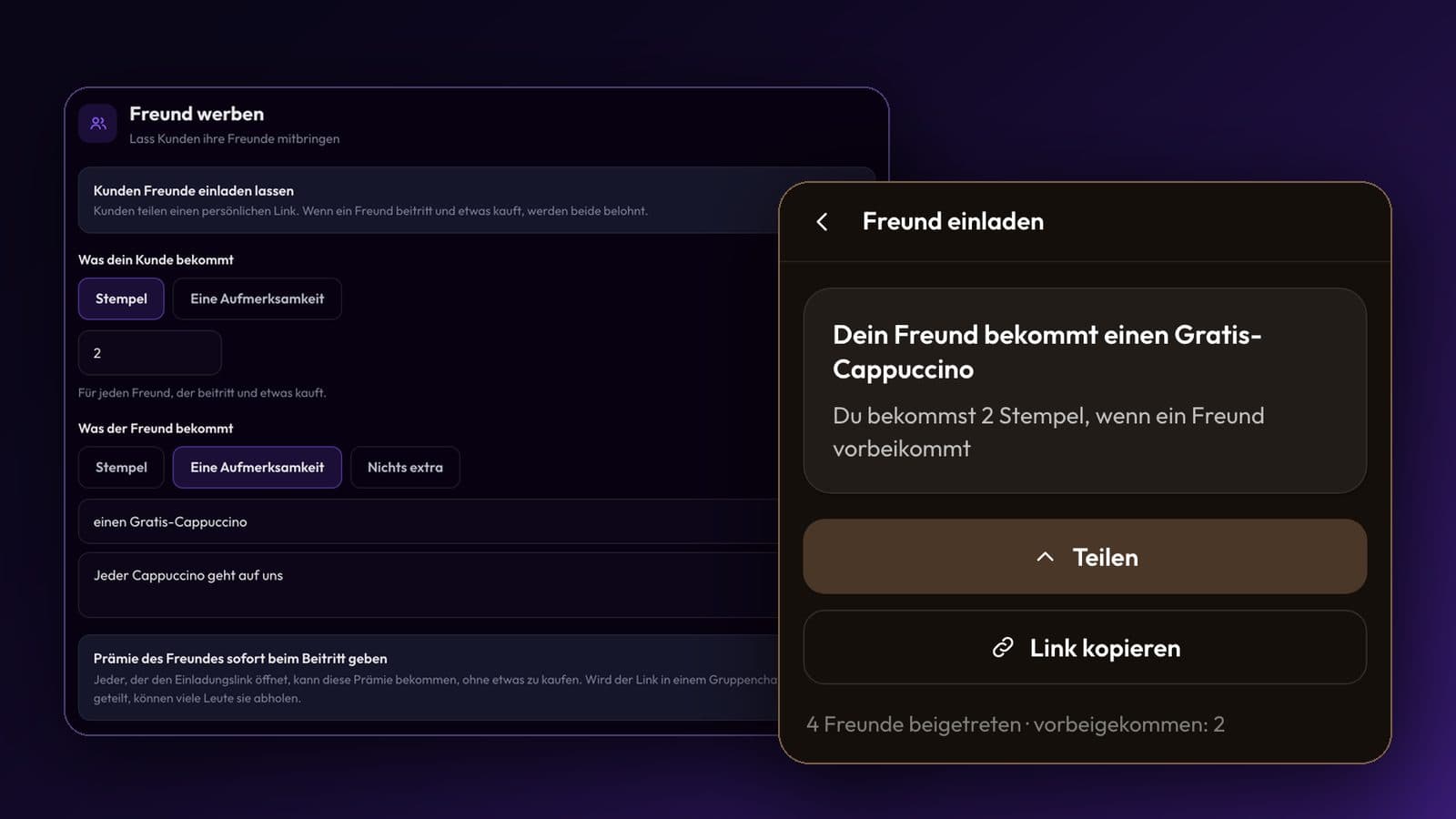 Die Einstellungen von „Freund werben“ in Passtastic neben der Seite „Freund einladen“ eines Kunden mit den Buttons „Teilen“ und „Link kopieren“