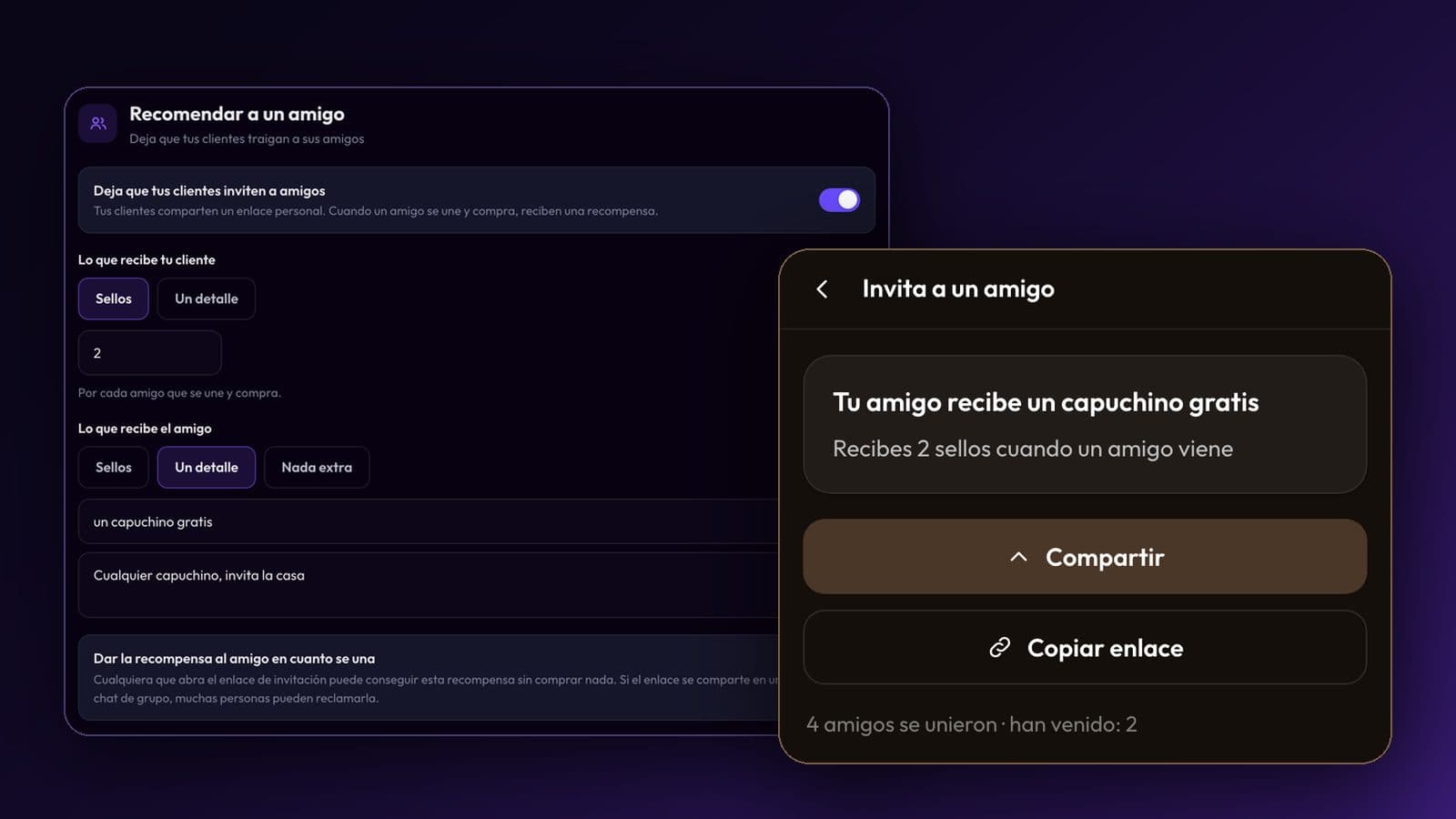 Los ajustes de «Recomendar a un amigo» en Passtastic junto a la página «Invita a un amigo» de un cliente, con los botones Compartir y Copiar enlace