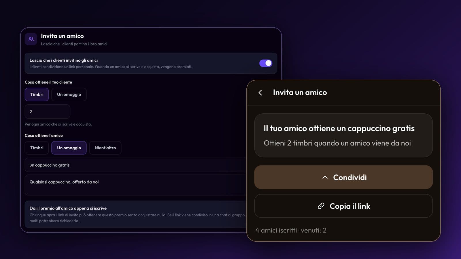 Le impostazioni di «Invita un amico» in Passtastic accanto alla pagina «Invita un amico» di un cliente, con i pulsanti Condividi e Copia il link