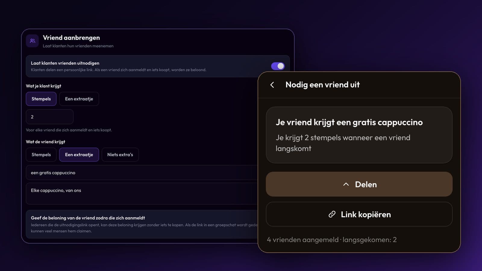De instellingen van ‘Vriend aanbrengen’ in Passtastic naast de pagina ‘Nodig een vriend uit’ van een klant, met de knoppen Delen en Link kopiëren