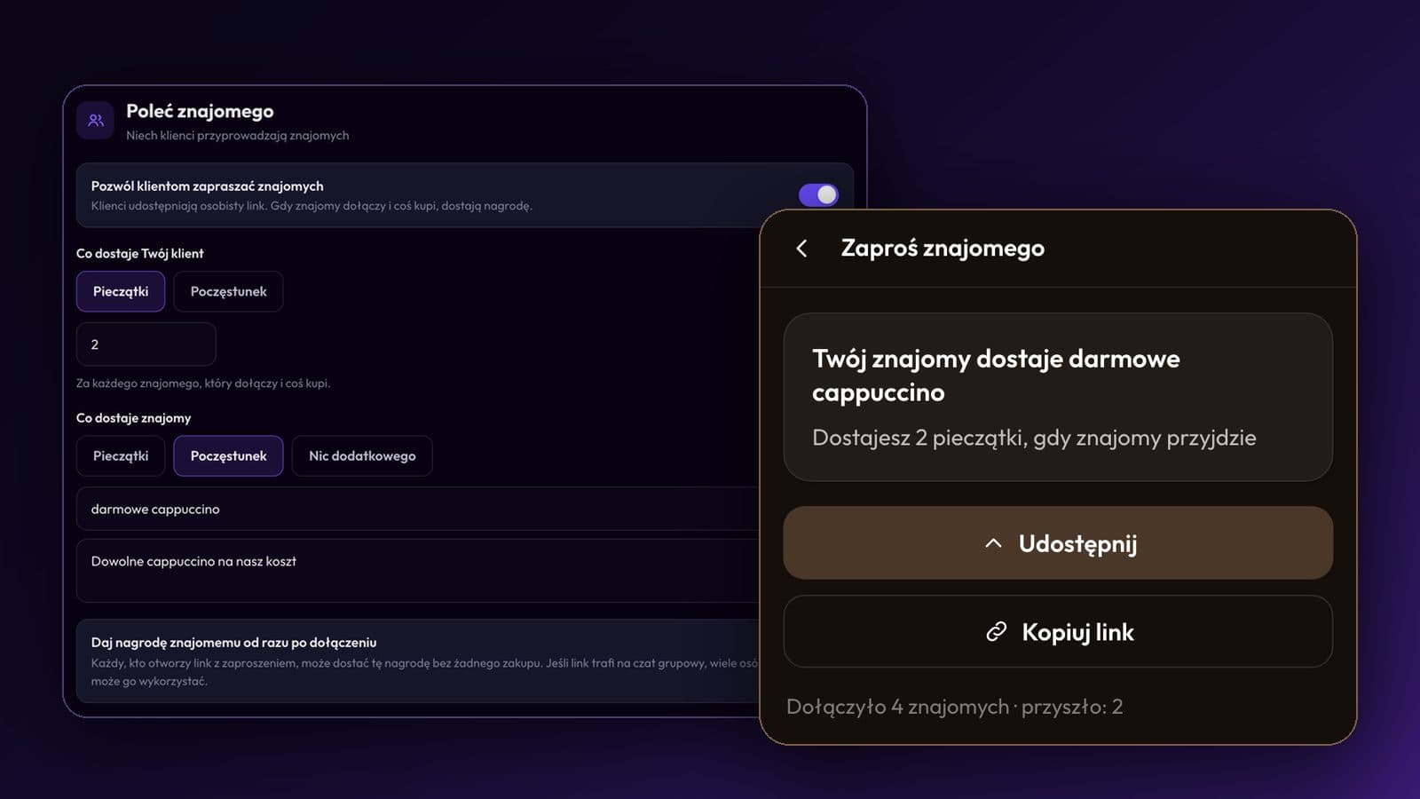 Ustawienia „Poleć znajomego” w Passtastic obok strony „Zaproś znajomego” klienta z przyciskami Udostępnij i Kopiuj link