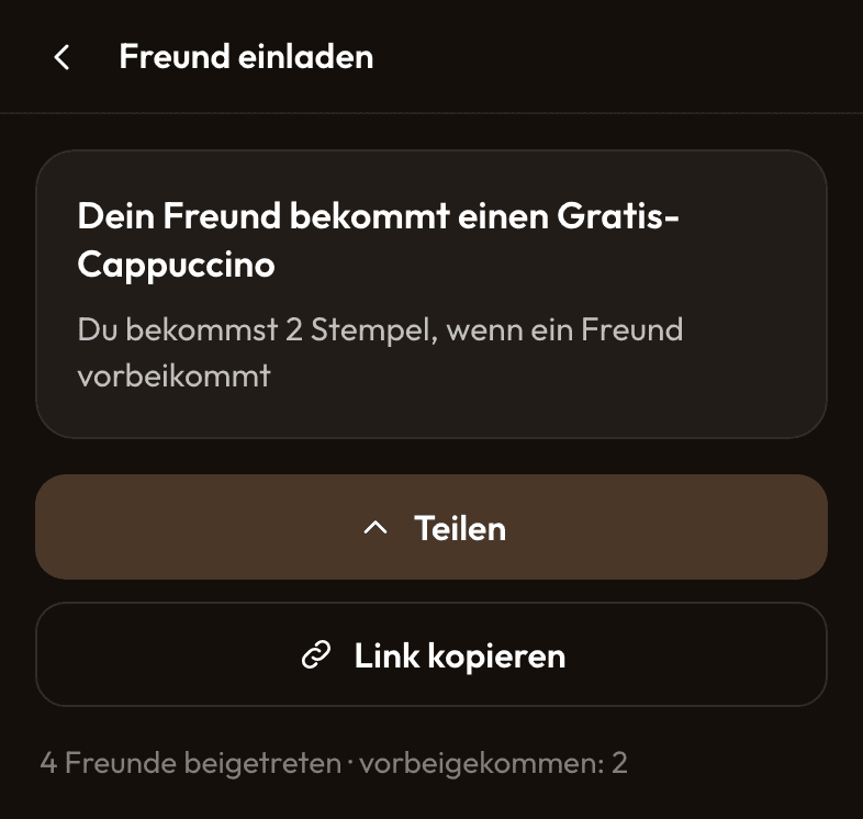 Die Seite „Freund einladen“ eines Kunden: „Dein Freund bekommt einen Gratis-Cappuccino“, „Du bekommst 2 Stempel, wenn ein Freund vorbeikommt“, die Buttons „Teilen“ und „Link kopieren“ und „4 Freunde beigetreten“