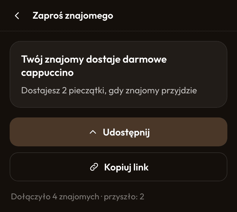 Strona „Zaproś znajomego” klienta z napisami „Twój znajomy dostaje darmowe cappuccino” i „Dostajesz 2 pieczątki, gdy znajomy przyjdzie”, przyciskami Udostępnij i Kopiuj link oraz liczbą znajomych, którzy dołączyli