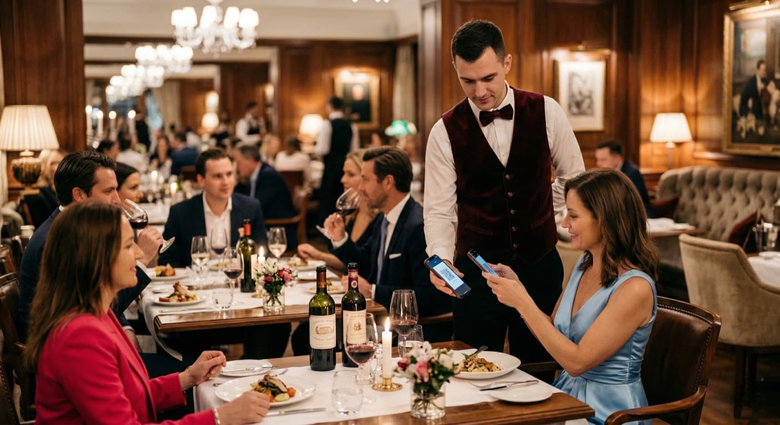 Ein Kellner zeigt einen QR-Code und ein Gast scannt ihn mit dem Handy, um die Kundenkarte des Restaurants hinzuzufügen