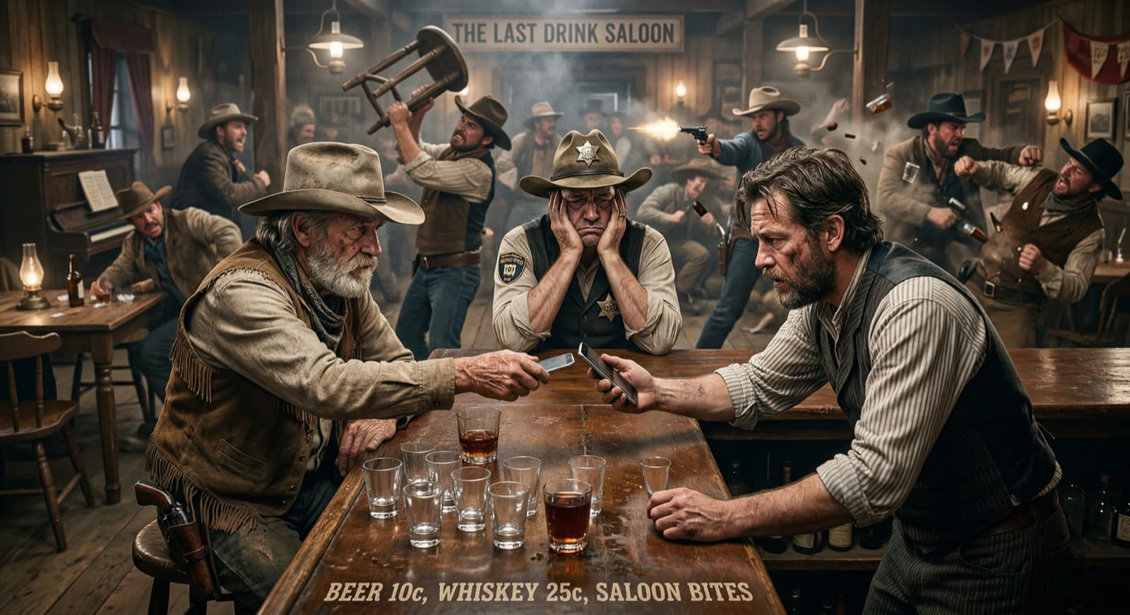 Eine chaotische Wild-West-Saloonschlägerei mit zwei Handys, die über den Tresen gereicht werden — ein augenzwinkernder Blick auf den Kampf um die eigenen Kunden
