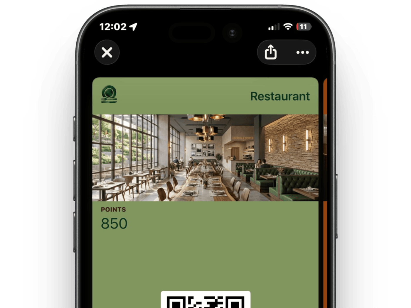 Die Punkte-Kundenkarte eines Restaurants in Apple Wallet mit 850 Punkten und einem Scan-Code