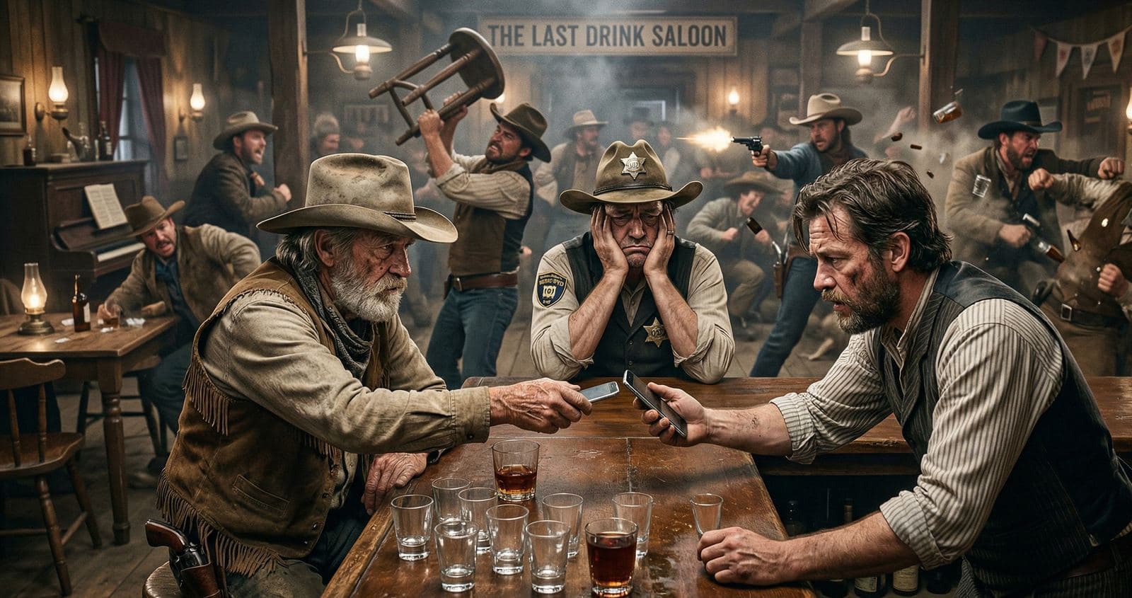 Imagem de IA bem-humorada: dois cowboys encostam os celulares com calma numa mesa de saloon enquanto uma briga de bar rola ao fundo