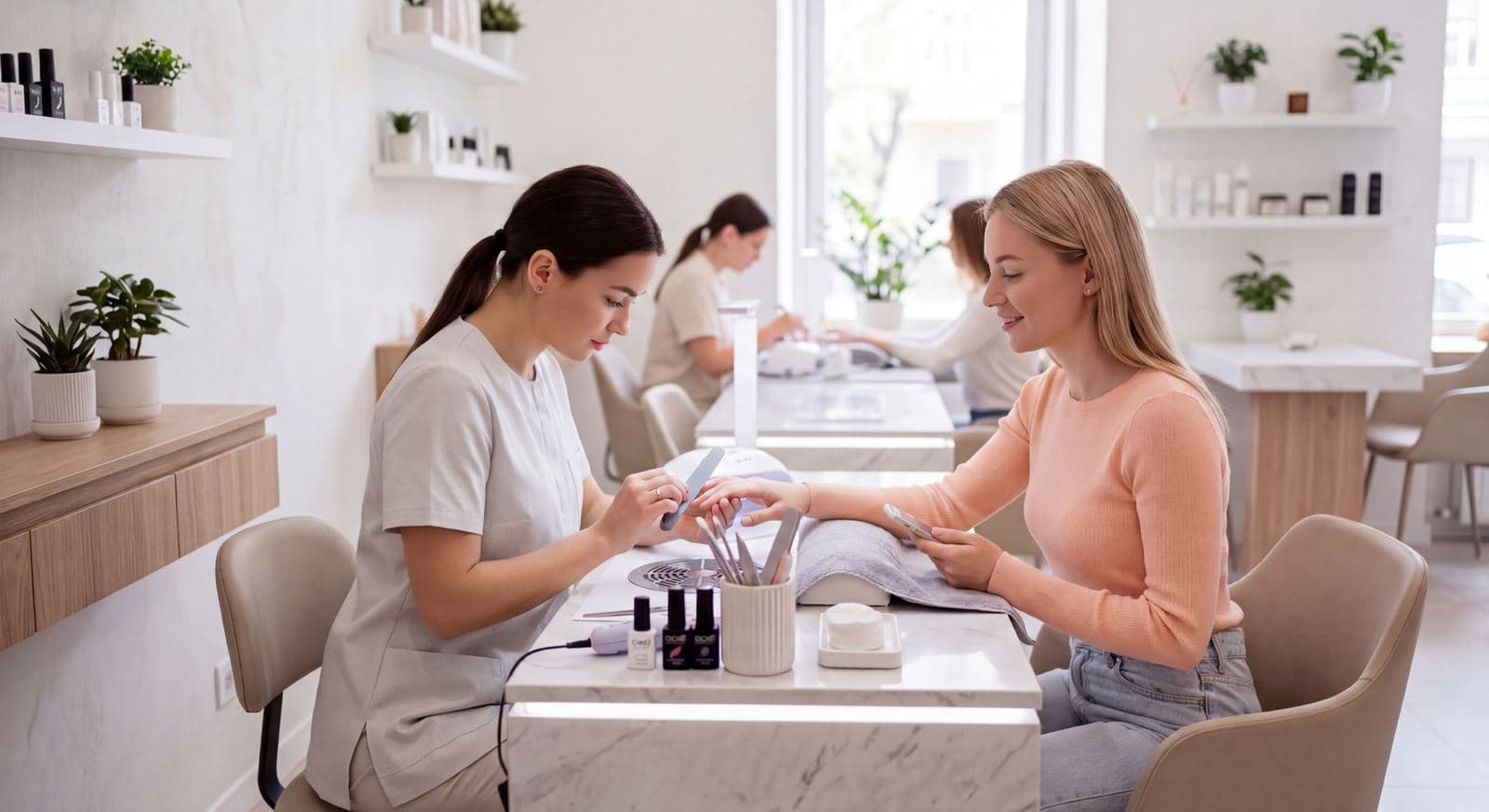 Uma manicure lixa as unhas de uma cliente numa mesa clara de salão enquanto a cliente olha o celular