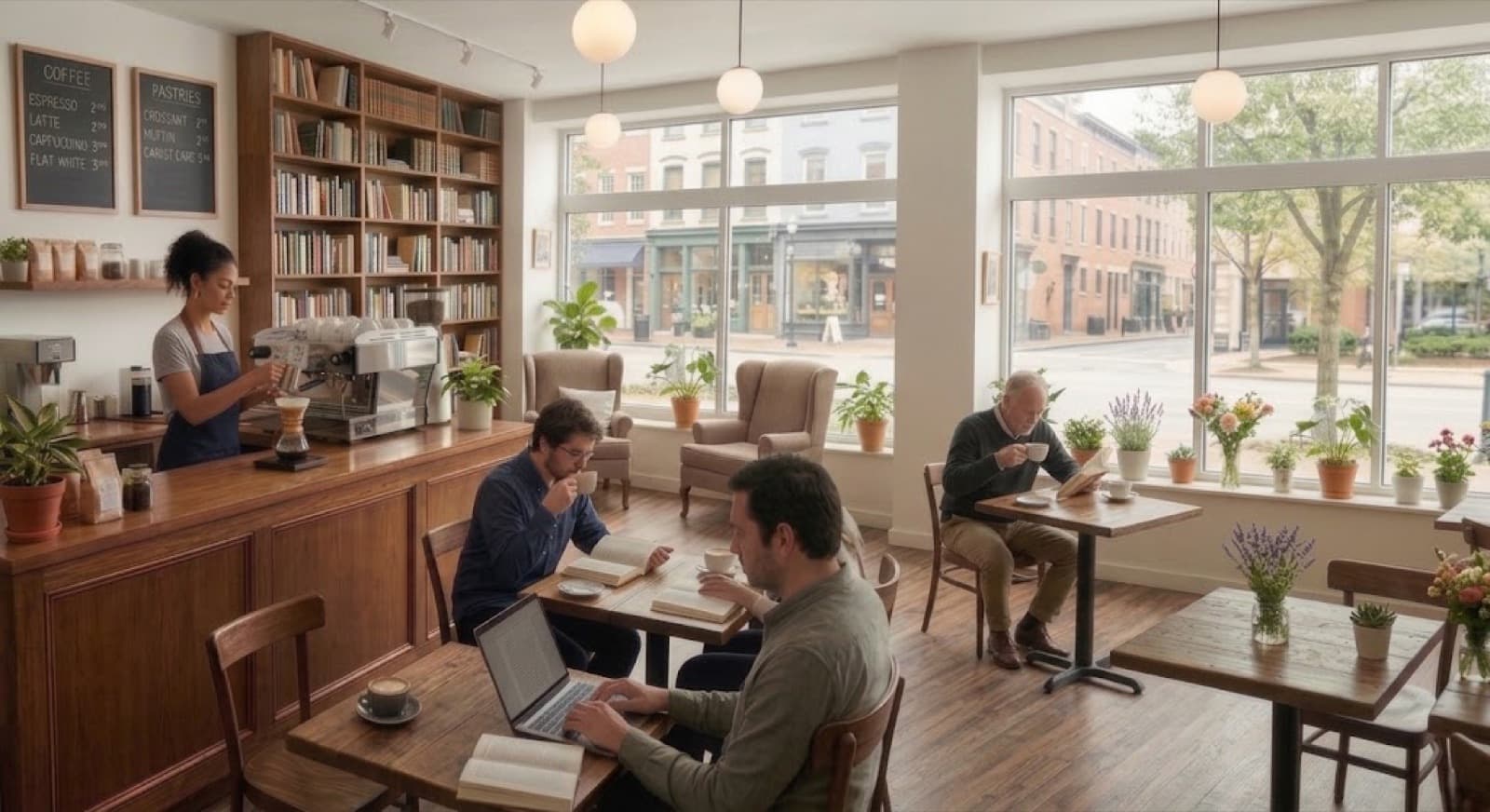 Uma manhã tranquila de dia de semana numa livraria com café, com alguns clientes fiéis lendo nas mesas