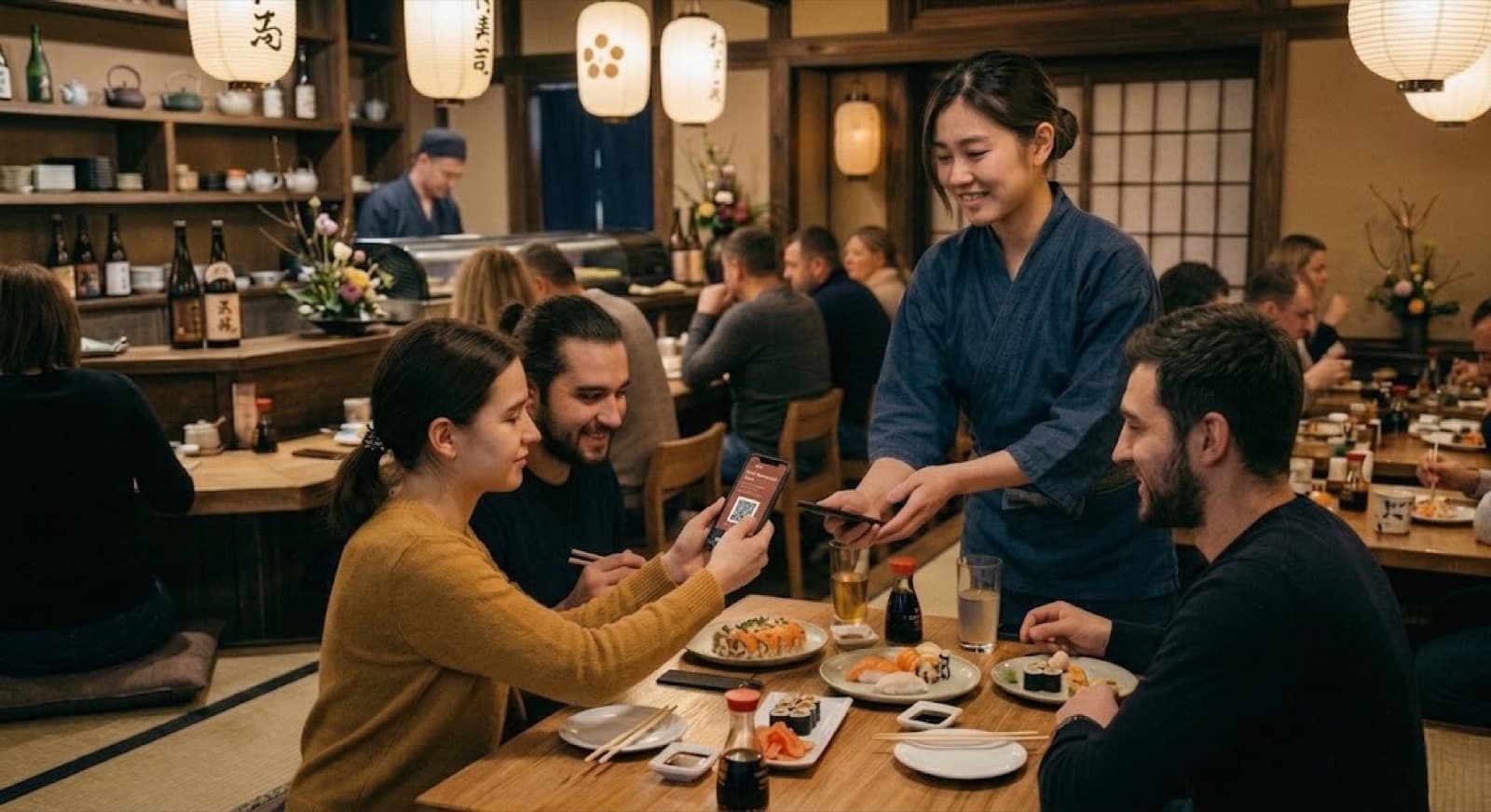 Uma cliente mostra o cartão fidelidade no celular para uma atendente sorridente num restaurante japonês