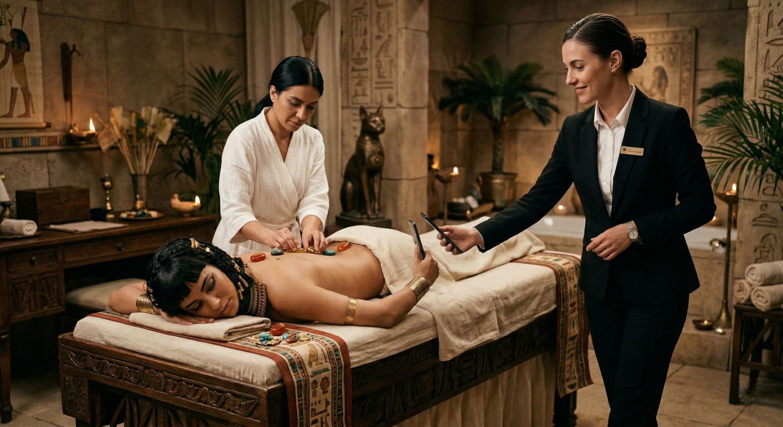 Imagem de IA bem-humorada: Cleópatra recebe uma massagem com pedras quentes enquanto a gerente do spa lhe estende um celular