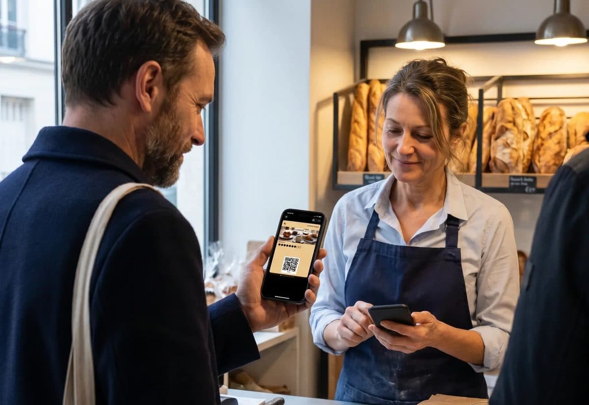 A loyalty card on a phone next to a shop counter