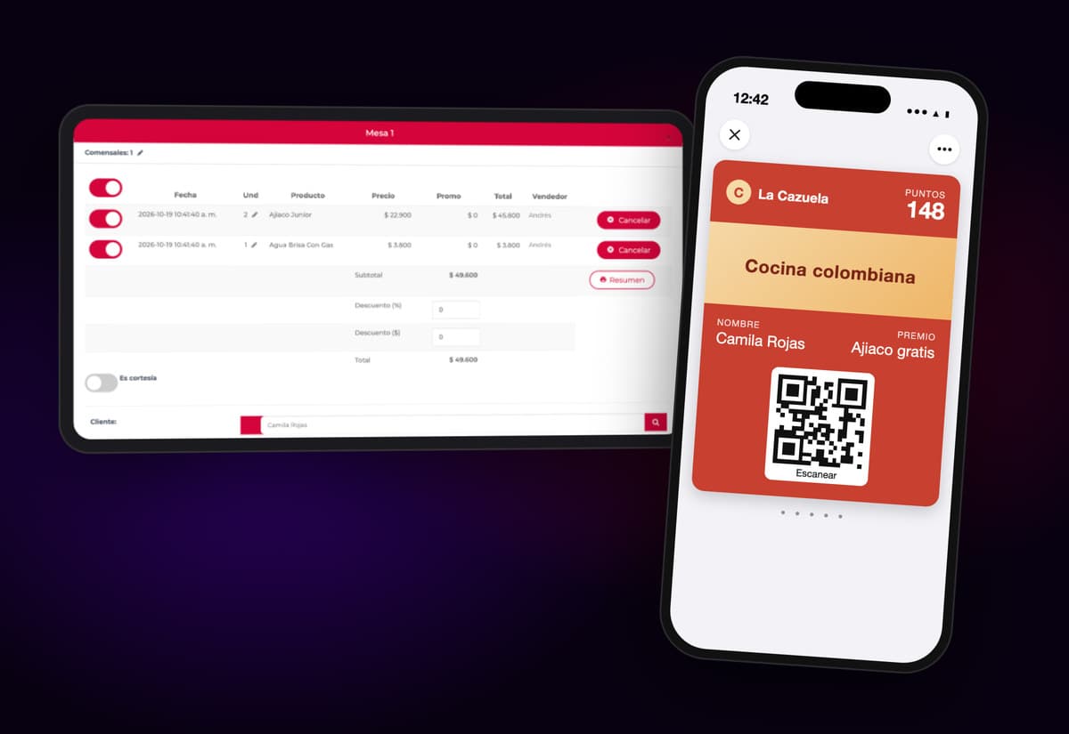 A Loggro Restobar bill with the customer picked, next to the customer's points card on a phone