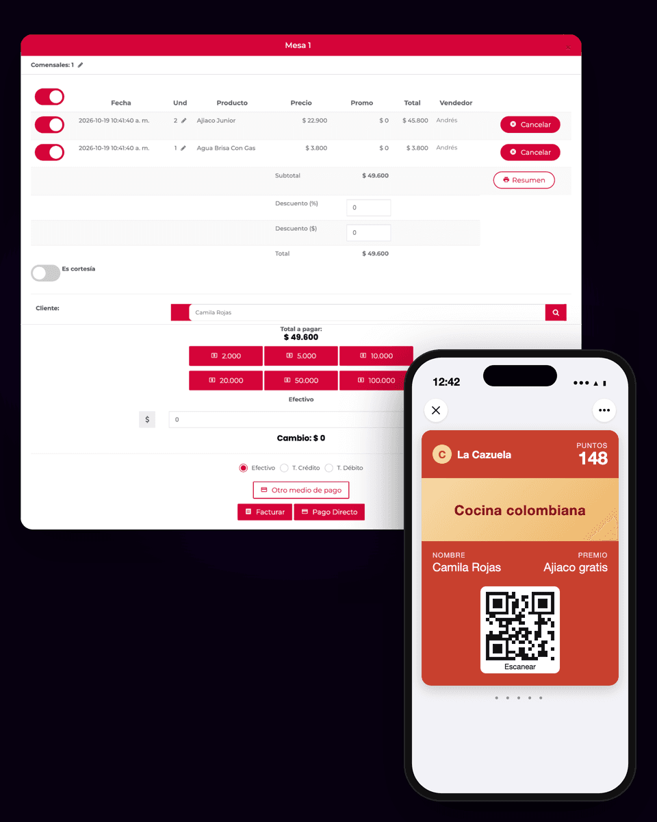La schermata di cassa di Restobar con il cliente selezionato e la carta fedeltà su un telefono