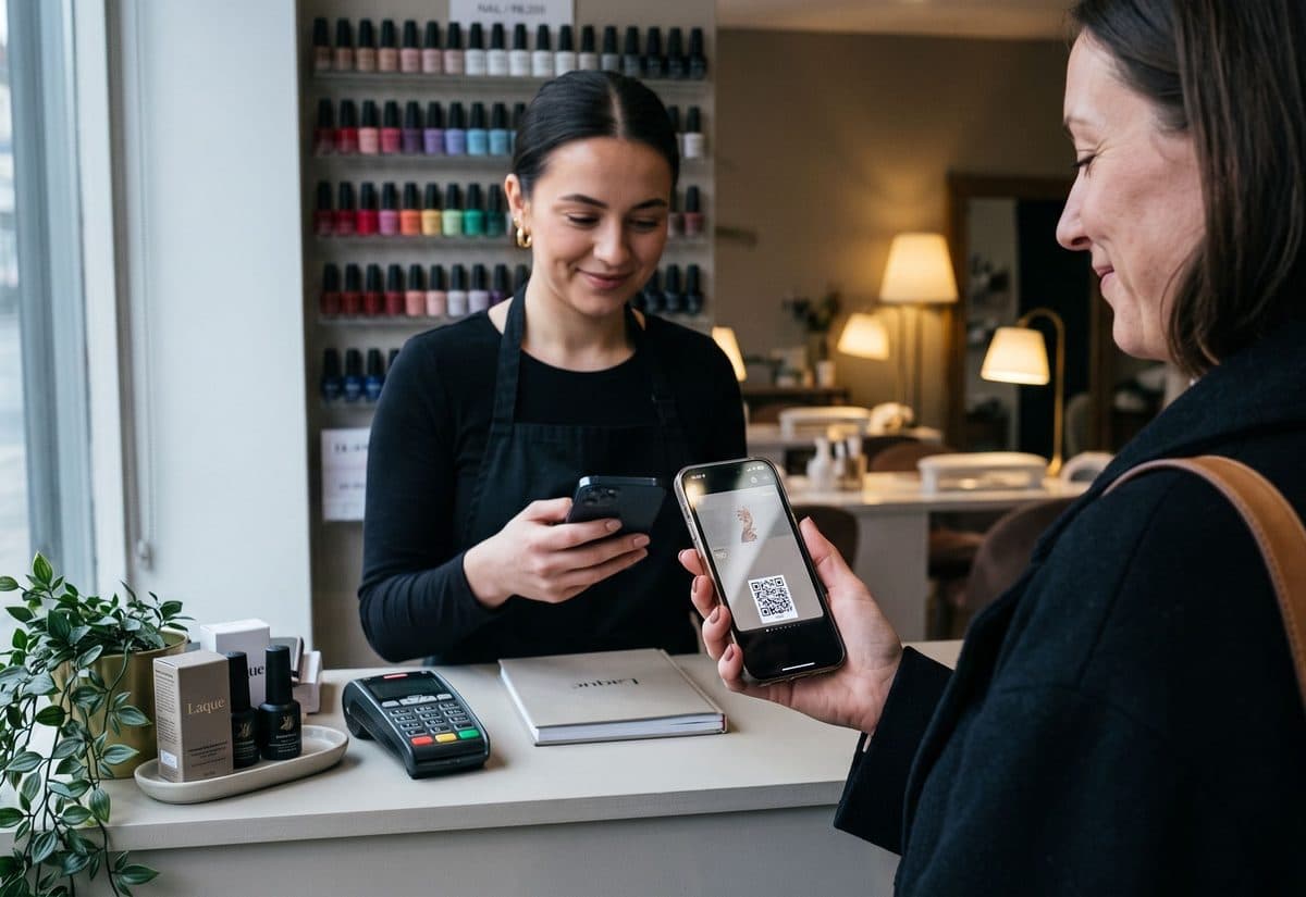 A loyalty card on a phone next to a Square register