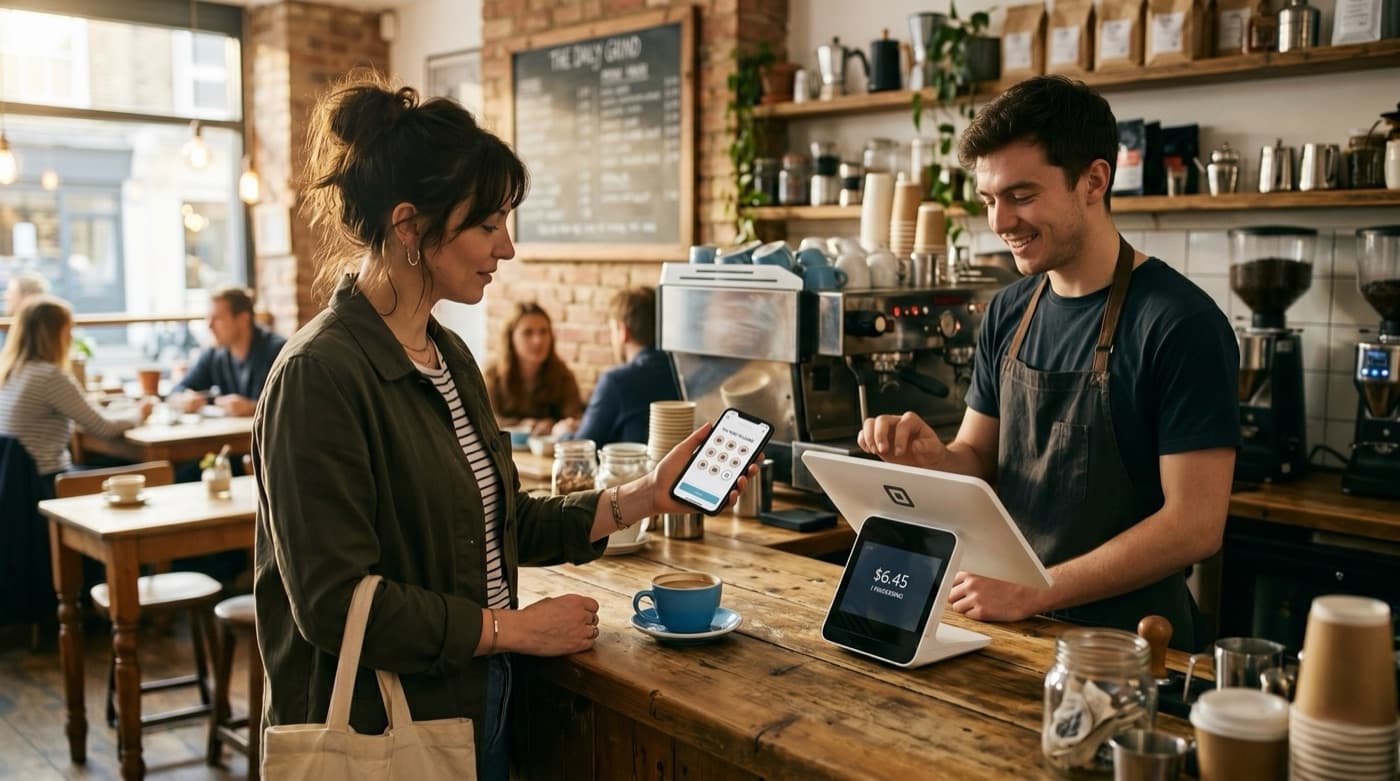 A customer taps their phone loyalty card at a café counter while the barista rings up on a Square POS terminal
