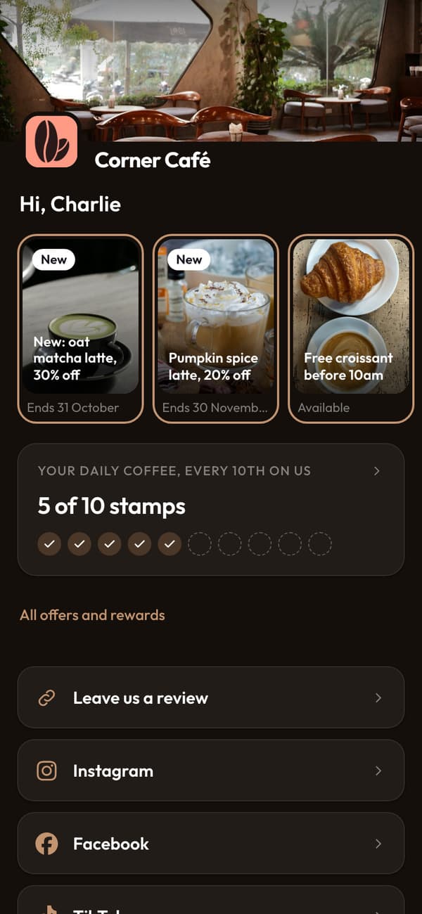 Editing Corner Café's loyalty app, with a live preview