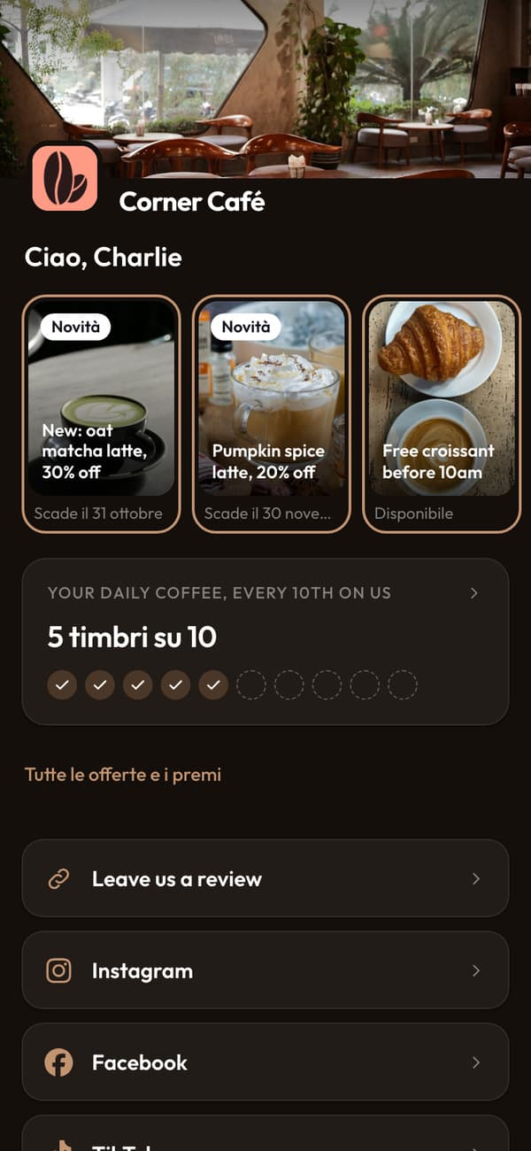 Modifica dell'app fedeltà di Corner Café, con anteprima in tempo reale