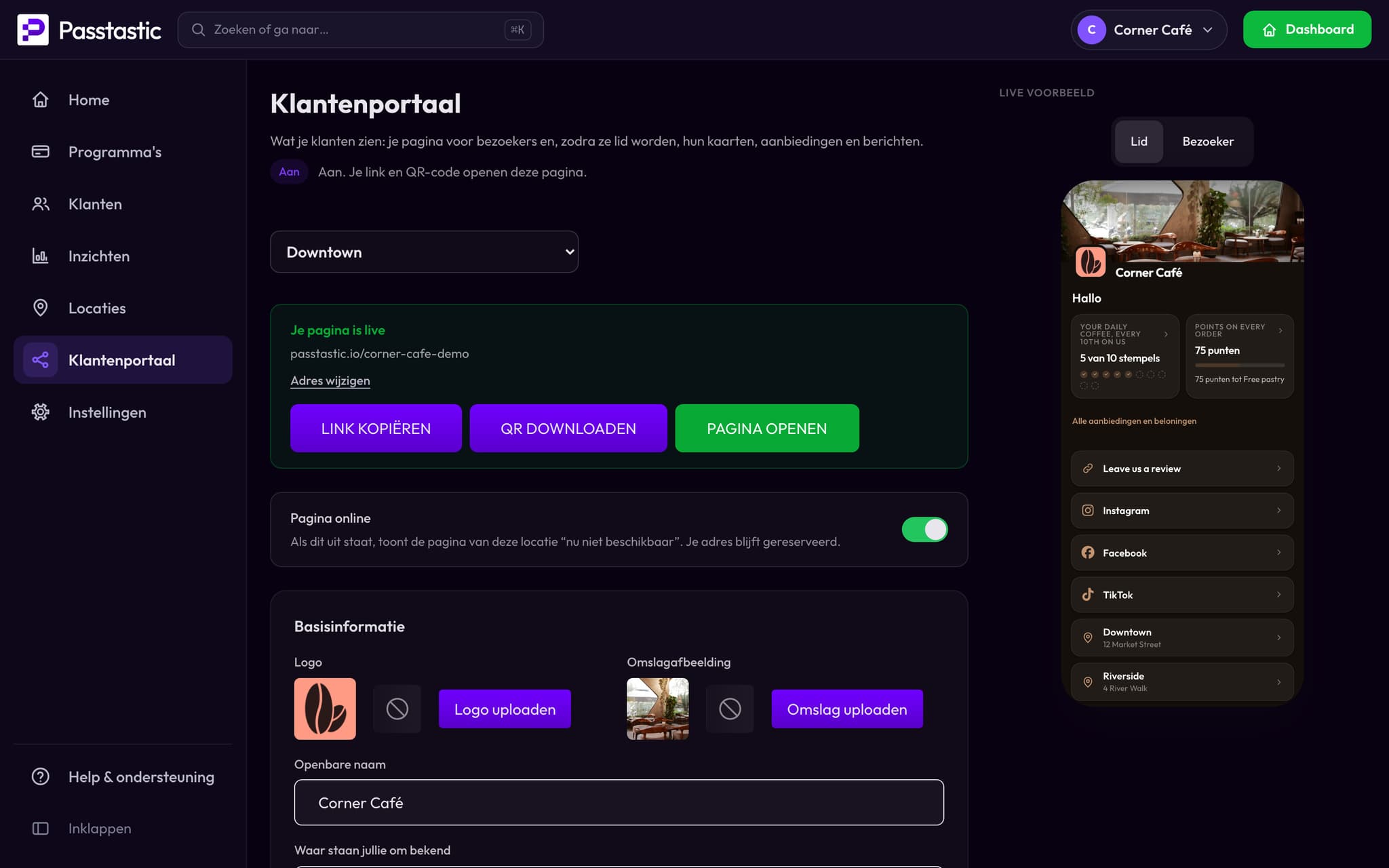 De klantenkaart-app van Corner Café bewerken, met een live voorbeeld
