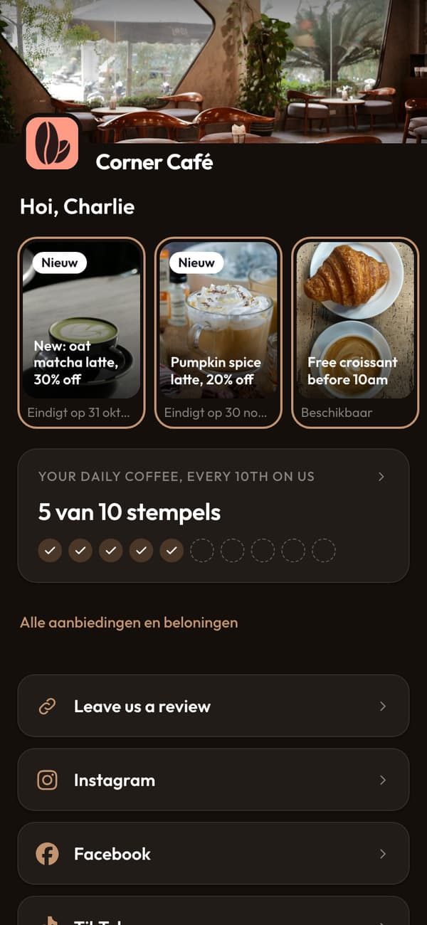 De klantenkaart-app van Corner Café bewerken, met een live voorbeeld