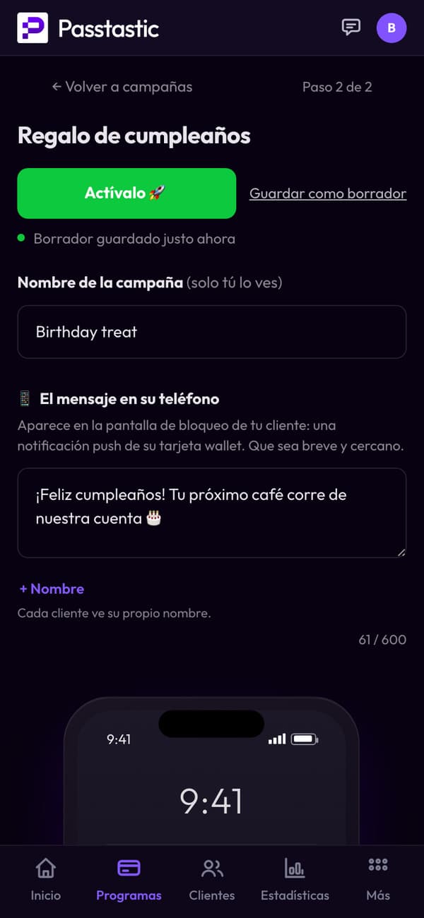 La campaña Detalle de cumpleaños con su mensaje