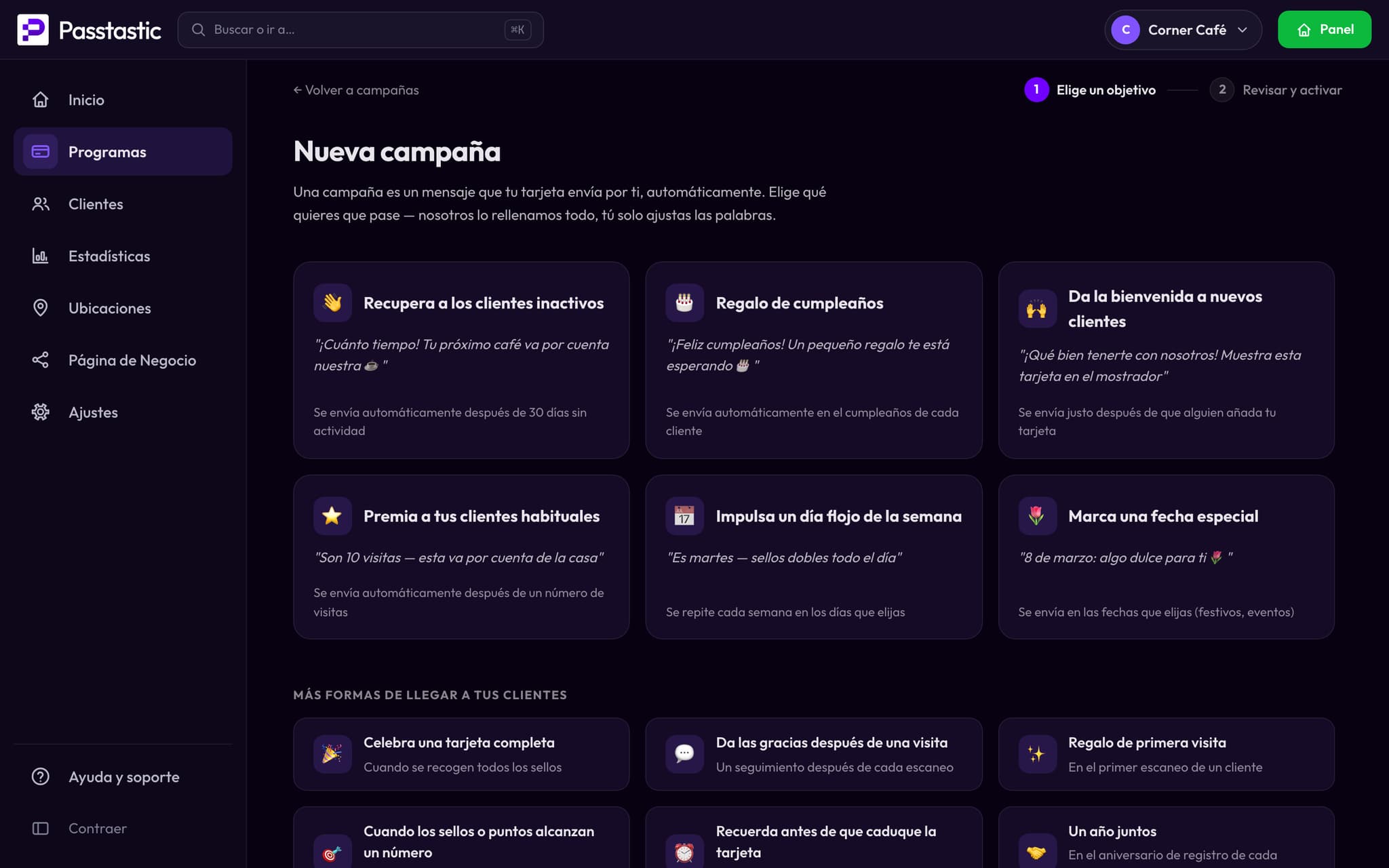 Eligiendo una campaña: recuperar clientes inactivos, detalle de cumpleaños, dar la bienvenida a nuevos clientes, premiar a tus habituales y más