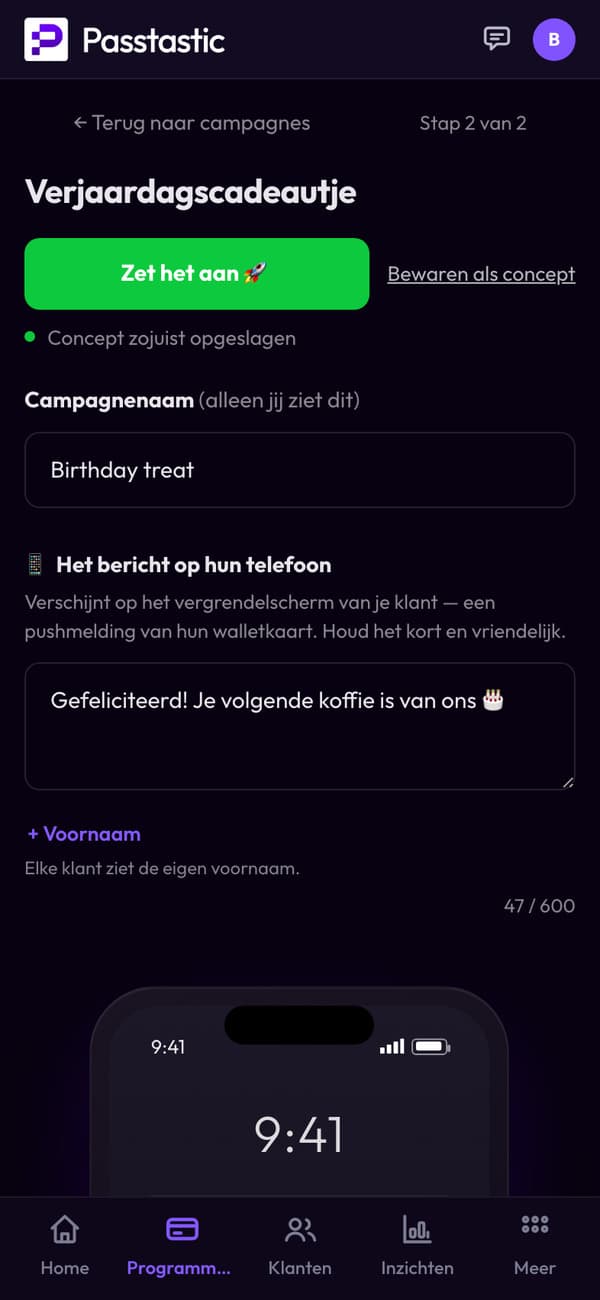 De campagne Verjaardagstraktatie met het bijbehorende bericht