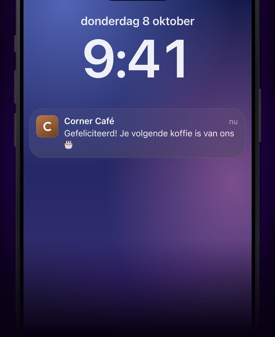 Een vergrendelscherm met een verjaardagsbericht van Corner Café