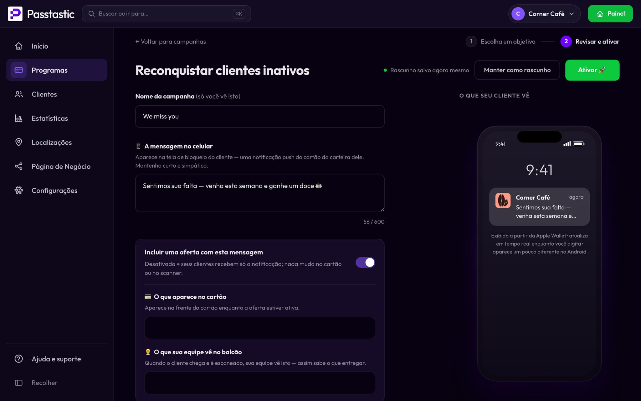 Escrevendo a campanha Sentimos sua falta, com uma prévia ao vivo da tela bloqueada do cliente