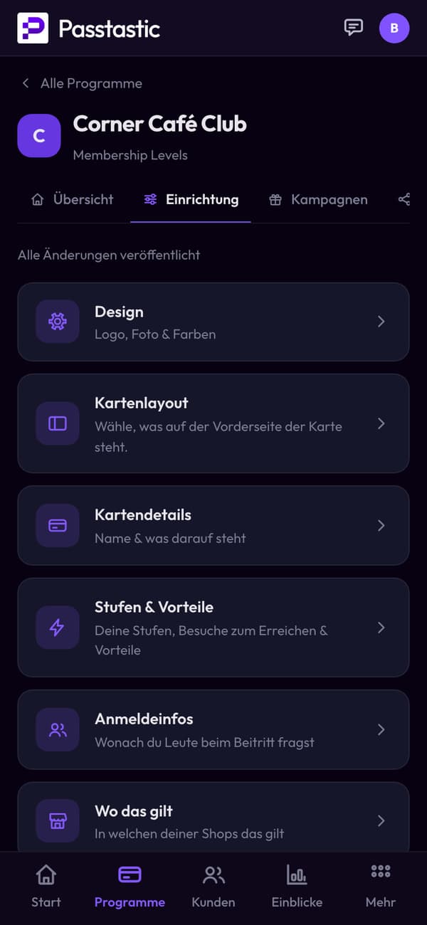 Corner Café Club im Dashboard, mit Live-Vorschau der Karte