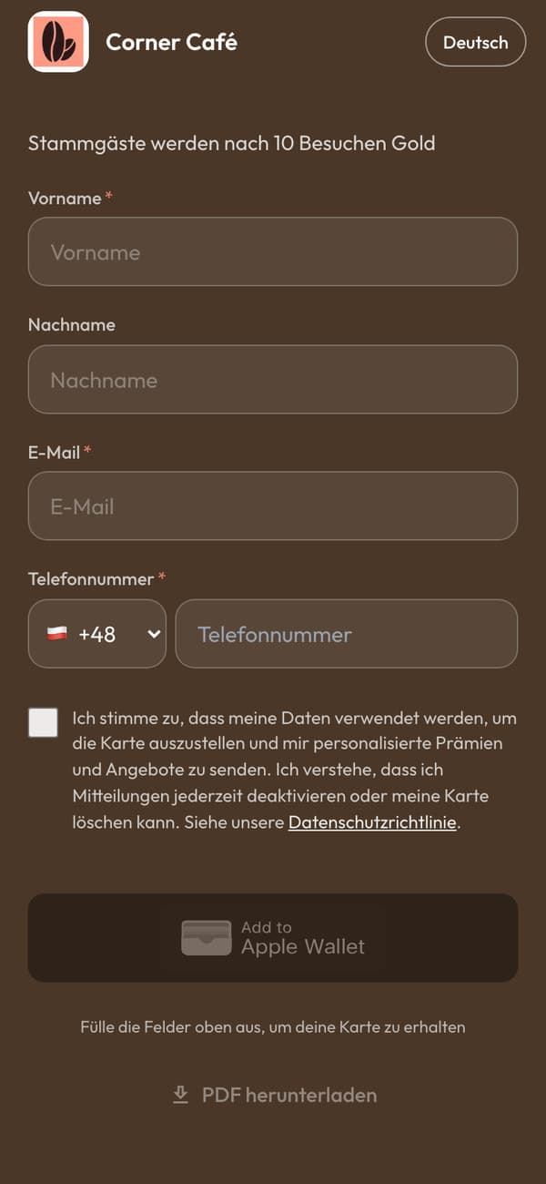 Die Anmeldeseite auf einem Handy: das Formular des Corner Café Club, mit dem Button „Zu Apple Wallet hinzufügen“