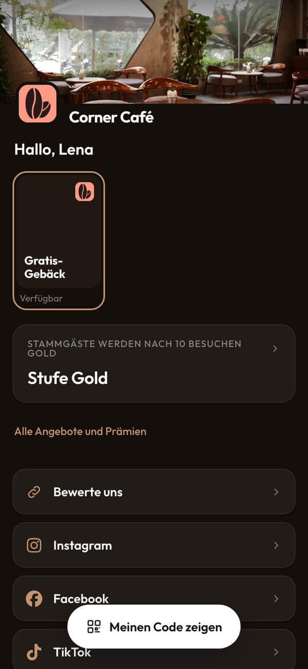 Die App des Corner Café: Hallo Lena, ihr Gratis-Gebäck und ihre Gold-Stufe