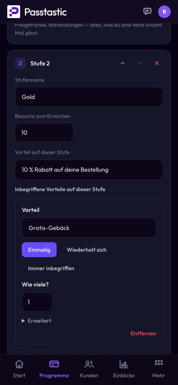 Stufen & Vorteile: Gold nach 10 Besuchen, 10 % Rabatt auf die Bestellung und ein inklusives Gratis-Gebäck