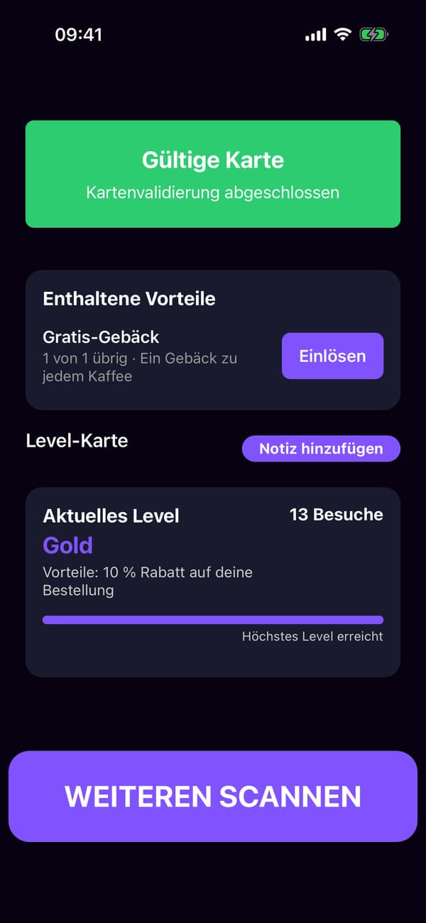Die Scanner-App nach dem Scannen von Lenas Gold-Karte, mit ihrem Gratis-Gebäck