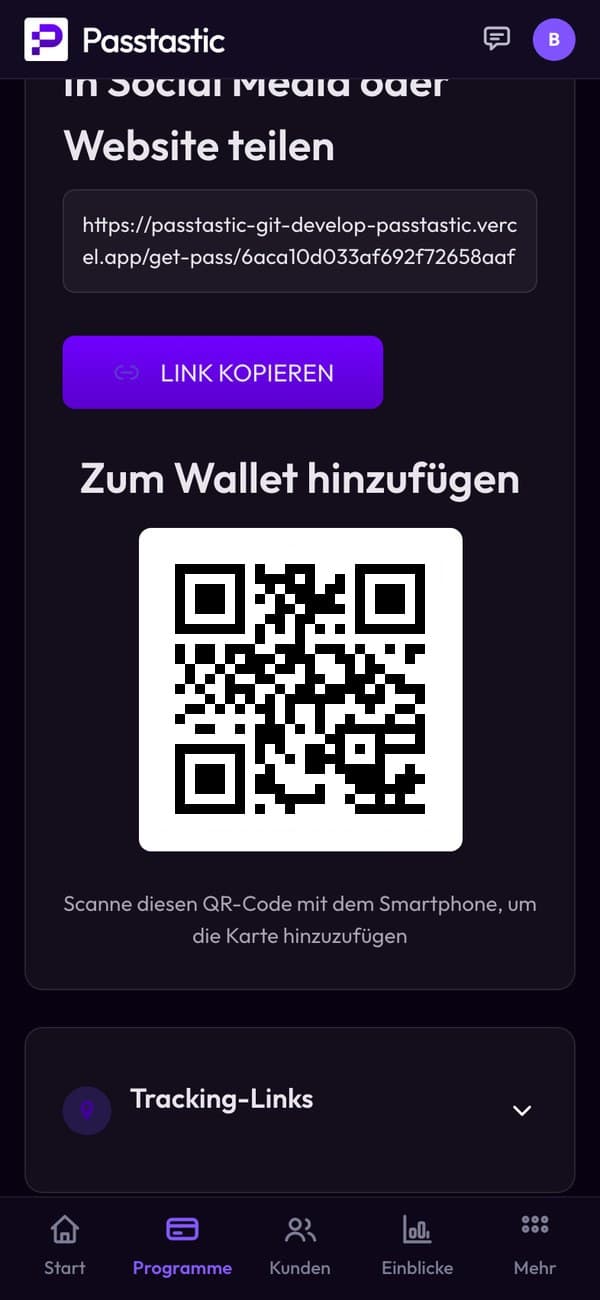Der Tab „Teilen“ des Corner Café Club mit seinem QR-Code