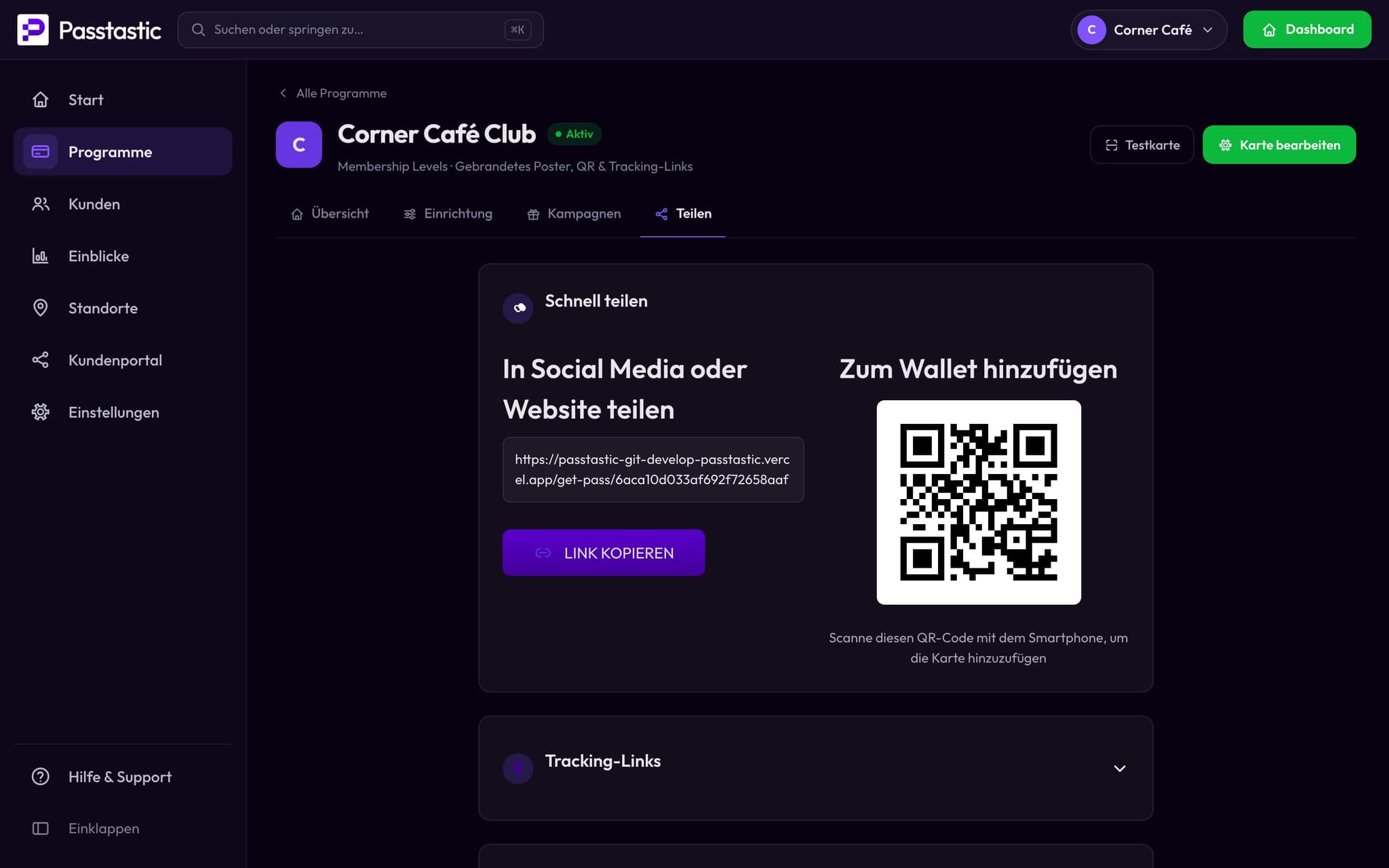 Der Tab „Teilen“ des Corner Café Club mit seinem QR-Code