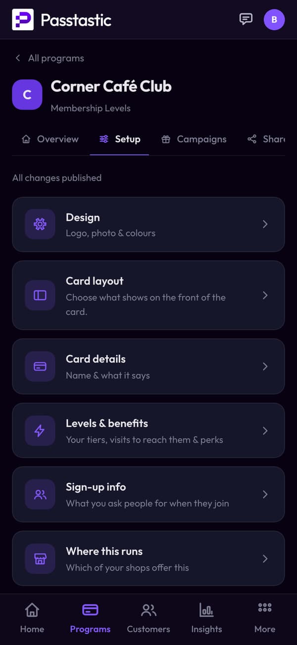 Corner Café Club in the dashboard, with a live preview of the card