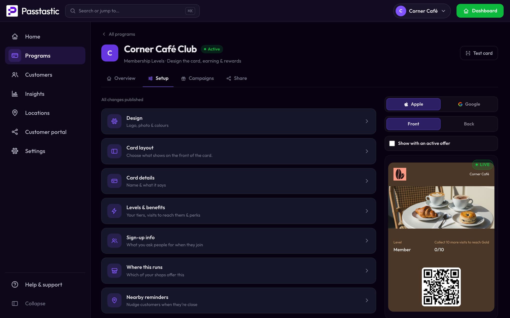 Corner Café Club in the dashboard, with a live preview of the card
