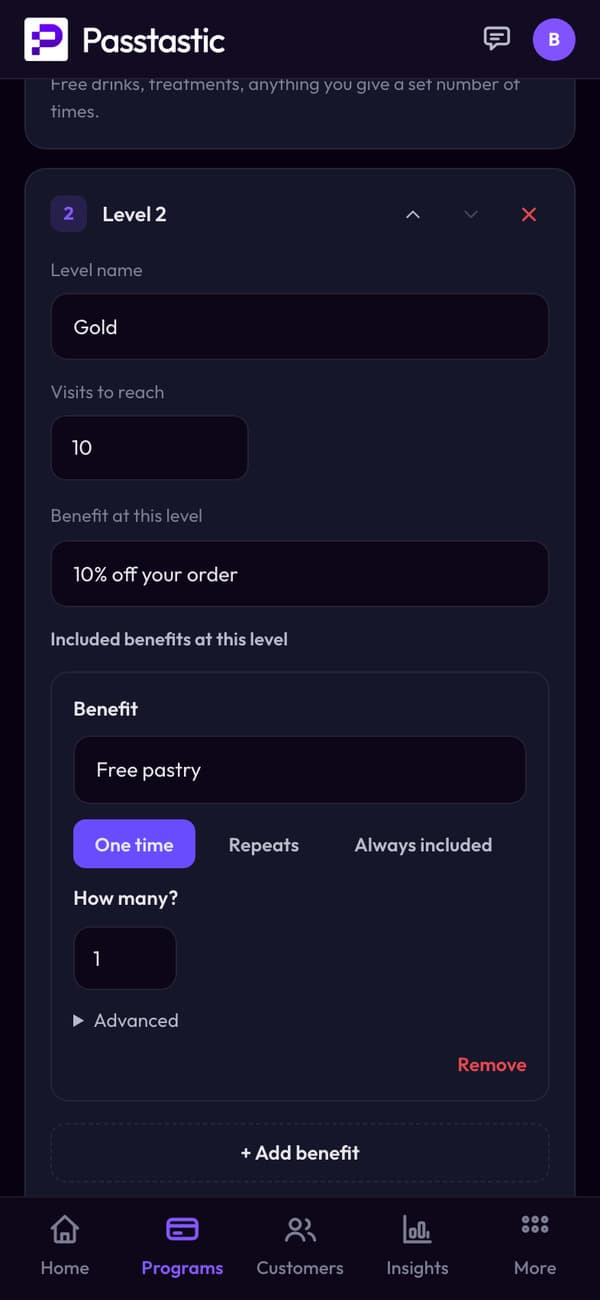 Levels & benefits: Gold after 10 visits, 10% off your order and an included Free pastry