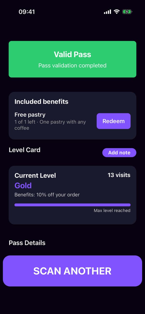 The scanner app after scanning Lena's Gold card, with her free pastry
