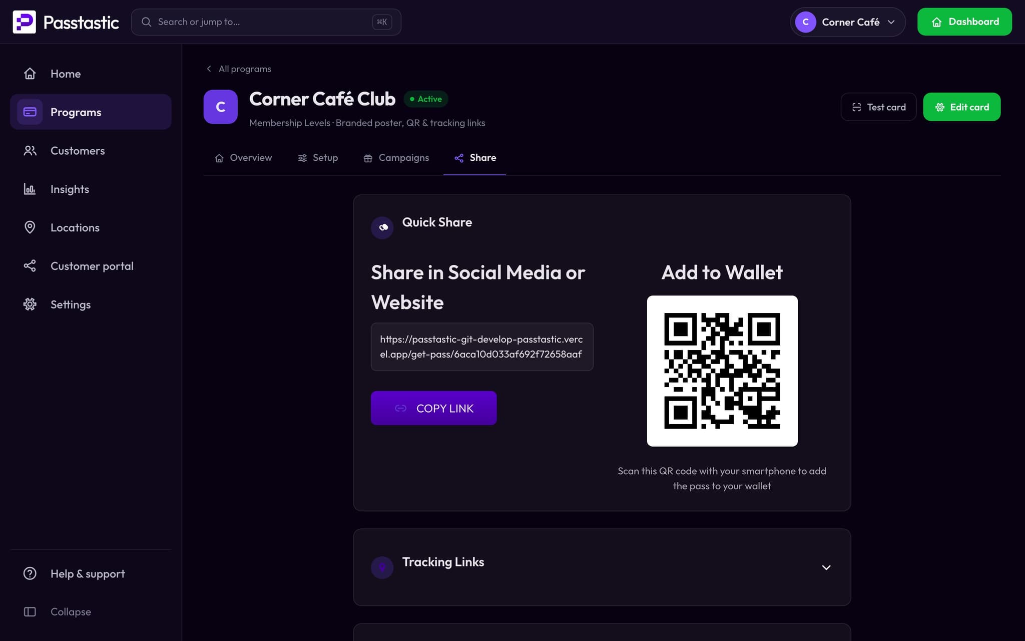The Share tab of Corner Café Club with its QR code